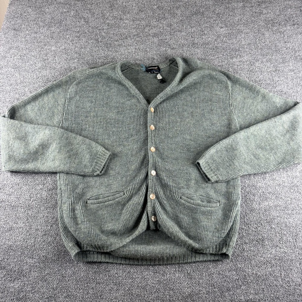 VTG TownCraft Sweater Mens M Green V Neck Knit Cardigan Pockets Stretch